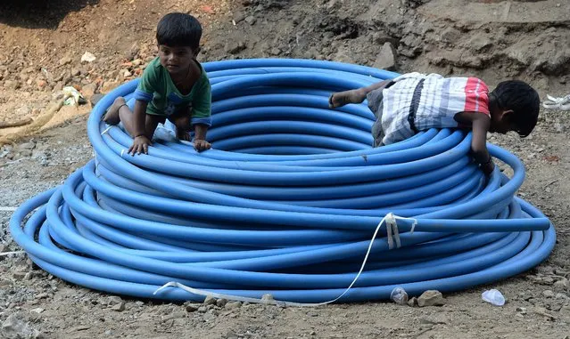 Indian homeless siblings play inside a coil of pipe at the roadside in Mumbai on February 29, 2016. (Photo by Indranil Mukherjee/AFP Photo)