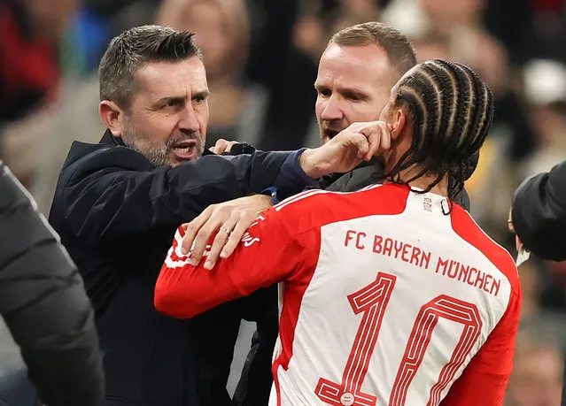 Dispute between Leroy Sane of Bayern Muenchen and Nenad Bjelica Coach of FC Union Berlin during the Bundesliga match between FC Bayern München and 1. FC Union Berlin at Allianz Arena on January 24, 2024 in Munich, Germany. (Photo by Stefan Matzke – sampics/Corbis via Getty Images)
