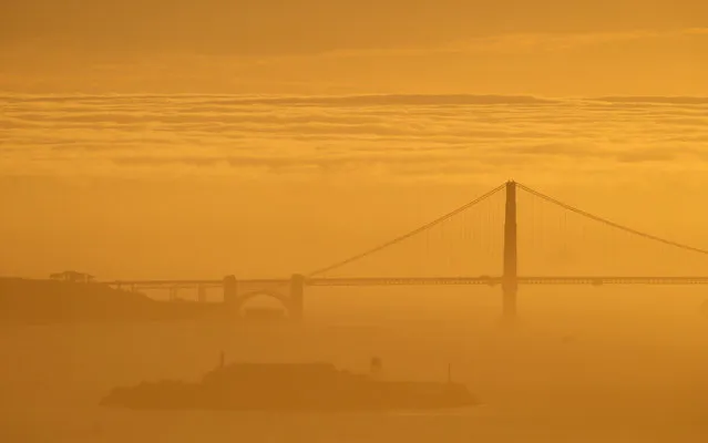 A blanket of fog is seen behind the Golden Gate Bridge and Alcatraz Island as the sun sets Sunday, February 28, 2016, in Berkely, Calif. (Photo by Marcio Jose Sanchez/AP Photo)
