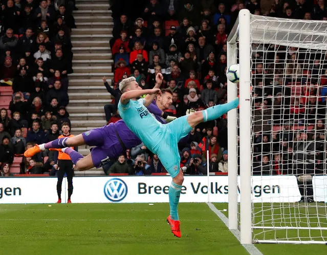Paul Dummett of Newcastle United clears the header of Nathaniel Clyne of Bournemouth off the line during the Premier League match between AFC Bournemouth and Newcastle United at Vitality Stadium on March 16, 2019 in Bournemouth, United Kingdom. (Photo by Paul Childs/Action Images via Reuters)