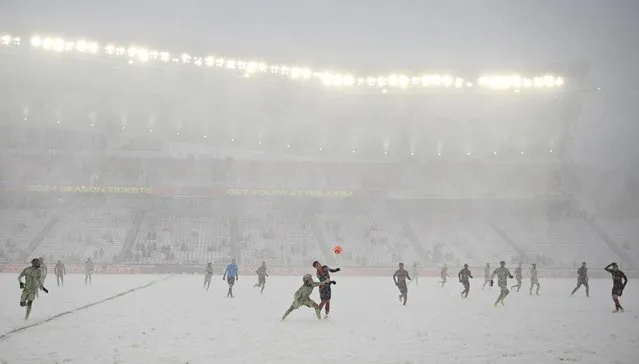 Real Salt Lake on their way to a 3-0 win over LAFC in the snow at America First Field in Sandy, Utah on March 2, 2024. (Photo by Kelvin Kuo/USA TODAY Sports)