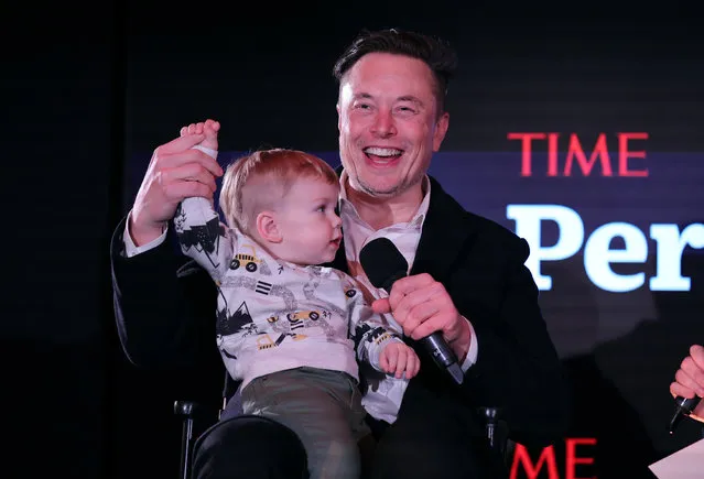 Elon Musk and son X Æ A-12 on stage TIME Person of the Year on December 13, 2021 in New York City. (Photo by Theo Wargo/Getty Images for TIME)