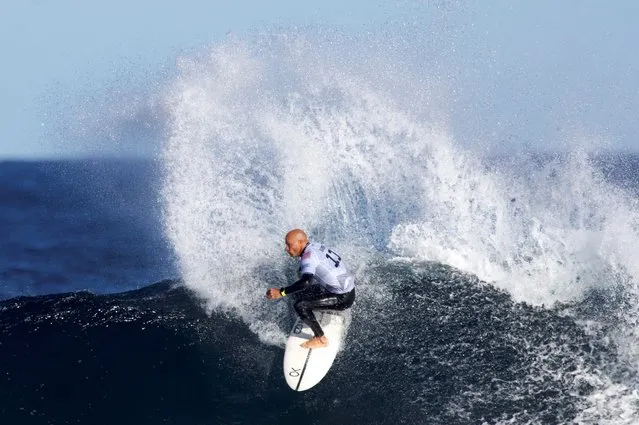 US surfer Kelly Slater competes during the Margaret River Pro surfing competition at Margaret River, in Western Australia on April 15, 2024. (Photo by Colin Murty/AFP Photo)