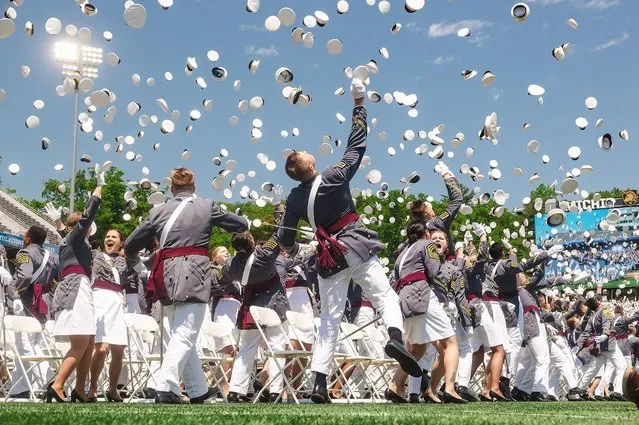 The cadets of the U.S. Military Academy Class of 2022 tossed their hats into the air after the command of “Class Dismissed” by Cadet First Captain Holland Pratt at the conclusion of the Graduation and Commissioning Ceremony Saturday at Michie Stadium. This year, 1,014 members of the USMA Class of 2022 received their diplomas. The graduating class represented 84% of the 1,205 cadets who entered West Point four years ago. (Photo by Cadet Tyler Williams/U.S. Army Photo)