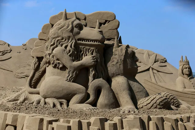 Detail of a sand sculpture is seen as pieces are prepared as part of this year's “Once Upon a Time” themed annual Weston-super-Mare Sand Sculpture festival on April 16, 2014 in Weston-Super-Mare, England. (Photo by Matt Cardy/Getty Images)