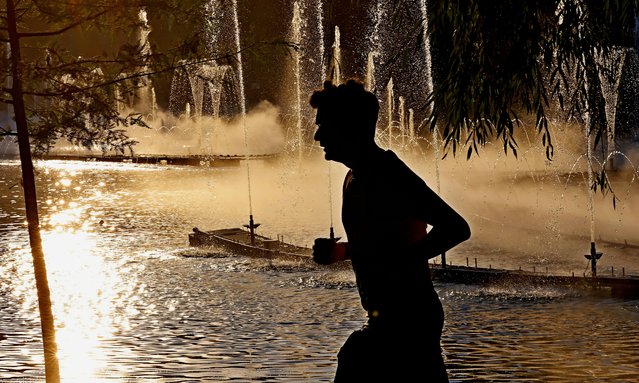 A man runs in the shade of the trees in Titan Park at sunset on a hot summer day with up to 42 Celsius degrees in Bucharest, Romania, 15 July 2024. On 15 July morning, the National Meteorological Administration declared the Red Code for extreme heat until 17 July 2024, as the temperature-humidity index (THI) is expected to exceed the critical value of 80. (Photo by Robert Ghement/EPA/EFE)