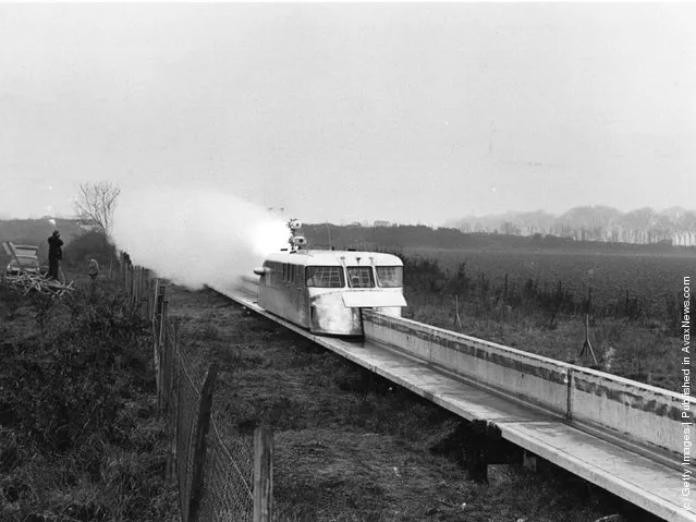 The French rocket-boosted hover train unit, known as the 'aerotrain monorail', which set a new world speed record in 1967