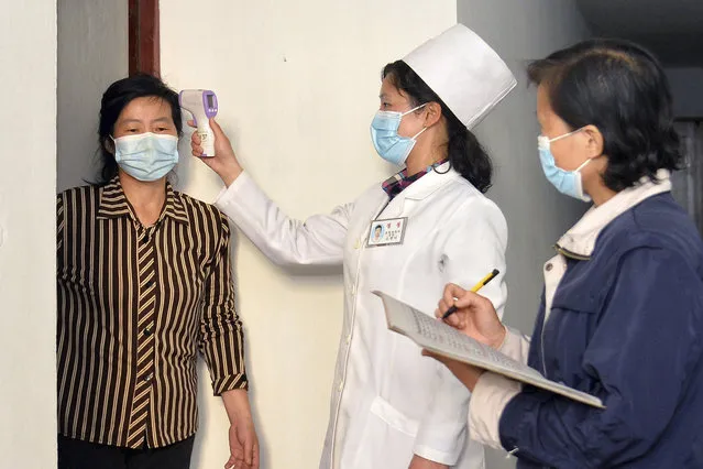 In this photo provided by the North Korean government, a doctor checks a resident's temperature to curb the spread of coronavirus infection, in Pyongyang, North Korea on May 17, 2022. North Korea said Friday, May 20, that nearly 10% of its 26 million people have fallen ill and 65 people have died amid its first COVID-19 outbreak, as outside experts question the validity of its reported fatalities and worry about a possible humanitarian crisis. Independent journalists were not given access to cover the event depicted in this image distributed by the North Korean government. The content of this image is as provided and cannot be independently verified. (Photo by Korean Central News Agency/Korea News Service via AP Photo, File)