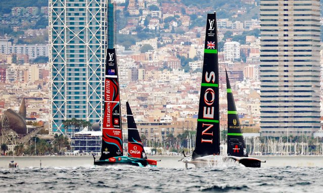 Emirates Team New Zealand and Ineos Britannia in action during race eight of the America’s Cup in Barcelona, Spain on October 18, 2024. (Photo by Albert Gea/Reuters)