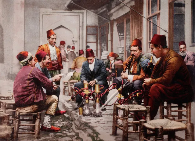 However, the first world war and the development of commercially viable colour photography largely ended photochrome’s reign. Here: Water-pipe smokers in front of a coffee house in Istanbul, Turkey, 1897. (Photo by Swiss Camera Museum/The Guardian)