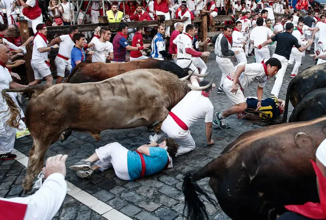 Participants run with fighting bulls during the bull-run of the annual San Fermin Festival in Pamplona, Spain on July 07, 2016. The San Fermin Festival is held annually from 06 to 14 July in commemoration of the city's patron saint. Hundreds of thousands of visitors from all over the world attend Spain's most famous fiesta, the San Fermin bull-running festival. (Photo by Burak Akbulut/Anadolu Agency/Getty Images)