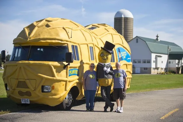 Mr. Peanut super fans, Kitty and Bill Person, get a surprise visit from the Planter NUTmobile and Mr. Peanut himself in honor of National Peanut Day! on Wednesday, September 9,2015 in Burlington, Wis. (Photo by Jeffrey Phelps/Invision for Planters/AP Images)