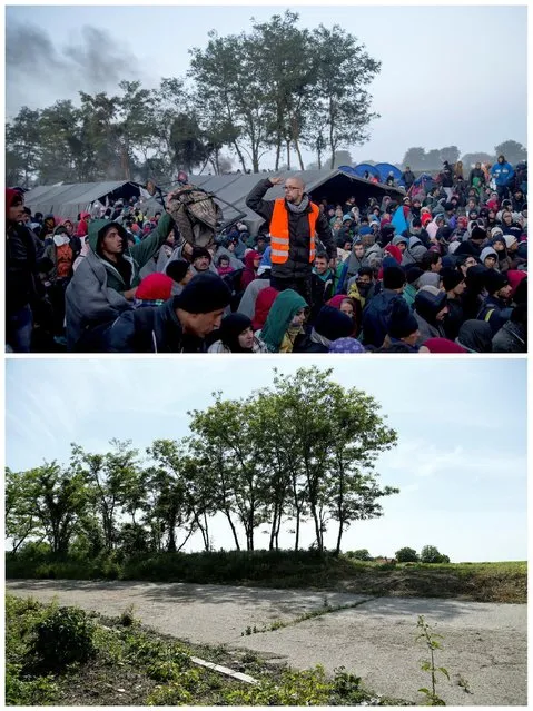 A combination picture shows a humanitarian volunteer trying to help migrants as they are waiting to cross the border with Croatia near the village of Berkasovo, Serbia October 23, 2015 (top) and the same location May 27, 2016. (Photo by Marko Djurica (top)/Antonio Bronic/Reuters)