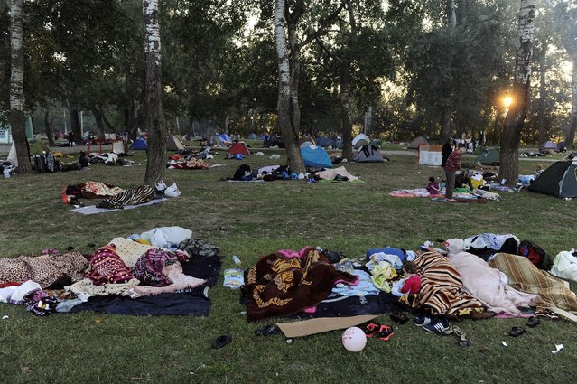 Migrants sleep at the surrounding area of the Sarayici oil wrestling arena in Edirne, Turkey, September 21, 2015. (Photo by Alexandros Avramidis/Reuters)