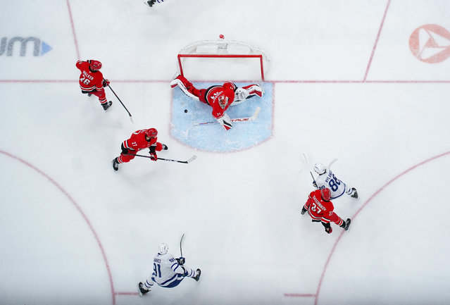 Toronto Maple Leafs center John Tavares (91) scores goal on his shot past Carolina Hurricanes goaltender Frederik Andersen (31) during the third period at Lenovo Center in Raleigh, North Carolina on April 13, 2025. (Photo by James Guillory/Reuters)