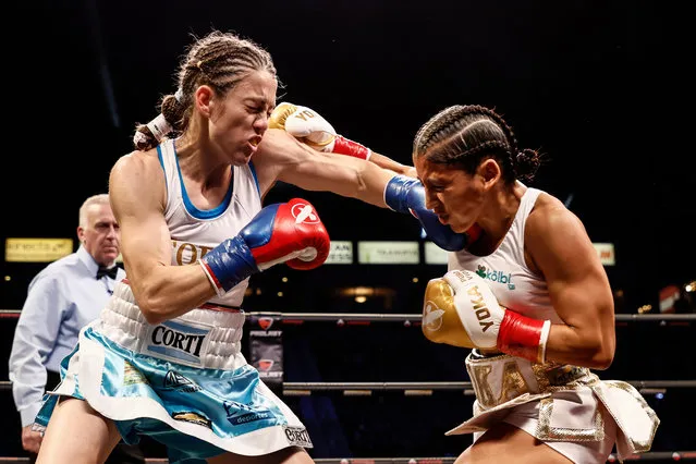 Yokasta Valle (R) of Costa Rica in action against Evelyn Bermudez (L) of Argentina during their 10 round women's IBF WBO Junior Flyweight Title fight at Dignity Health Sports Park in Carson, California, USA, 26 November 2022. (Photo by Etienne Laurent/EPA/EFE)