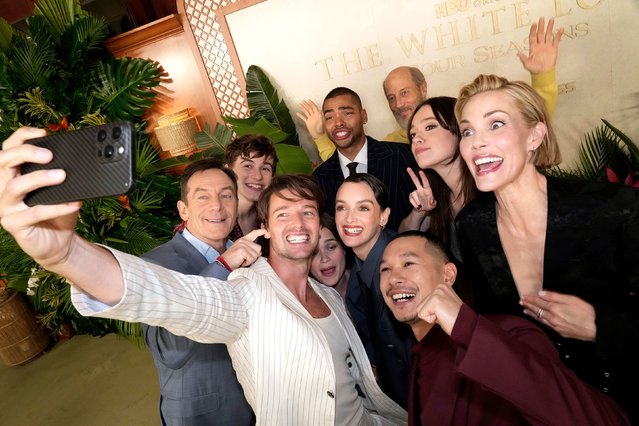 Jason Isaacs, Sam Nivola, Patrick Schwarzenegger, Sarah Catherine Hook, Charlotte Le Bon, Nicholas Duvernay, Jon Gries, Tayme Thapthimthong, Aimee Lou Wood and Leslie Bibb attend the season finale event for the third season of HBO's “The White Lotus”, in Westlake Village, California, on Sunday, April 6, 2025. HBO is owned by Warner Bros. Discovery, which also owns CNN. (Phoot by Jeff Kravitz/FilmMagic for HBO/Getty Images)