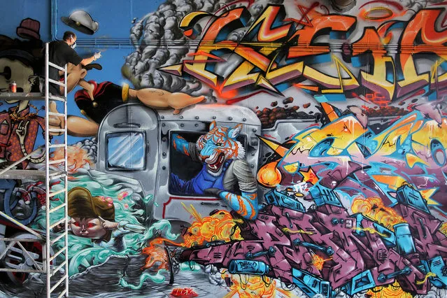 Graffiti artist Eduard Kasper works on his contribution to a joint graffiti project beneath the Theodor Heuss Bridge in Wiesbaden Mainz-Kastel, Germany, 15 June 2015. The bridge is sprayed anew by graffiti artists every year. (Photo by Fredrik von Erichsen/EPA)