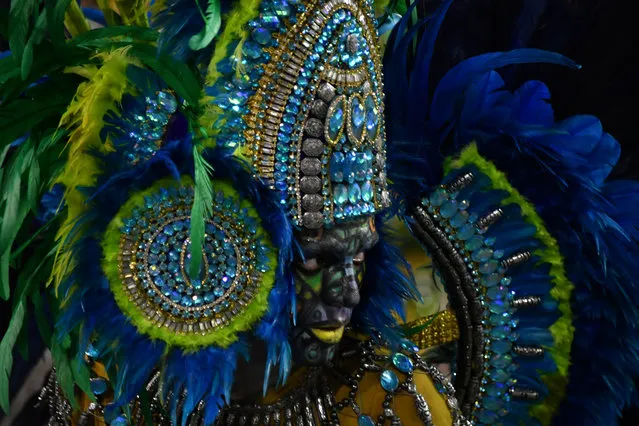 A reveller of the Unidos de Vila Maria samba school performs during the second night of carnival in Sao Paulo, Brazil, at the city's Sambadrome early on February 11, 2018. (Photo by Nelson Almeida/AFP Photo)