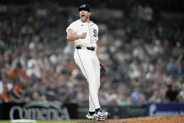 Detroit Tigers relief pitcher Will Vest reacts after striking out Houston Astros' Victor Caratini swinging to retire the side during the 10th inning of a baseball game, Tuesday, August 19, 2025, in Detroit. (Photo by Ryan Sun/AP Photo