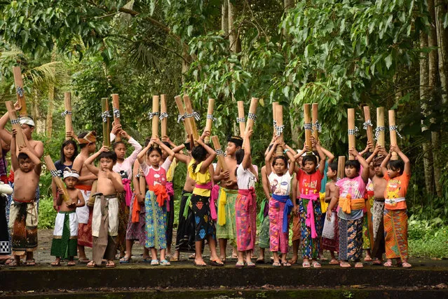 Balinese people take part in the Water War festival also called Siat Yeh at Suwat village on January 01, 2018 in Gianyar, Bali Province, Indonesia. Water War festival for the people of Bali signifies the glorification of God's creation in the form of natural resources, especially water as well as a form of self-cleansing of the mind, and a new spirit when welcoming the first day of the new year. (Photo by Sijori Images/Barcroft Media)