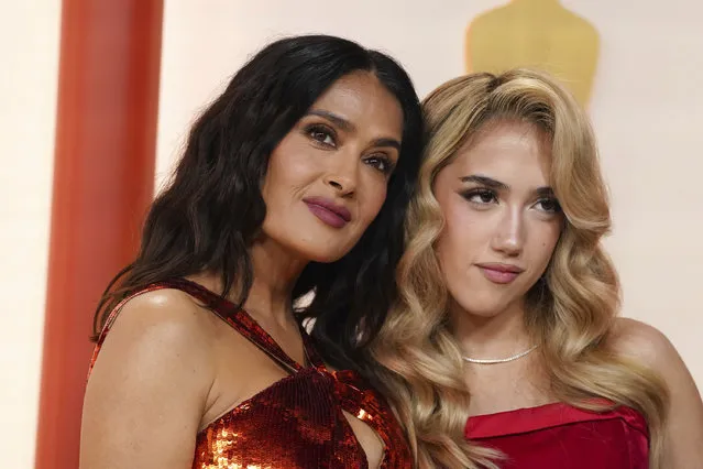 Mexican-American actress Salma Hayek, left, and her daughter Valentina Paloma Pinault arrive at the Oscars on Sunday, March 12, 2023, at the Dolby Theatre in Los Angeles. (Photo by Jordan Strauss/Invision/AP Photo)