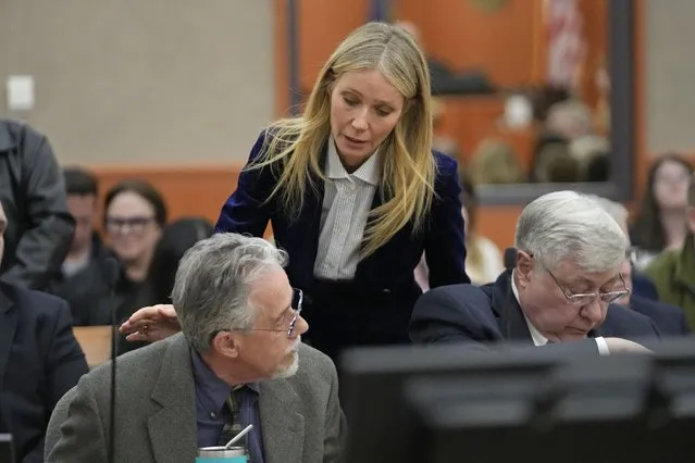 American actress Gwyneth Paltrow speaks with retired optometrist Terry Sanderson as she walks out of the courtroom following the reading of the verdict in the trial over her 2016 ski collision with 76-year-old Terry Sandersonon the final day of her eight-day trial in Park City, Utah, USA, 30 March 2023. Terry Sanderson was suing Gwyneth Paltrow for 300,000 USD, claiming she recklessly crashed into him while the two were skiing on a beginner run at Deer Valley Resort in Park City, Utah in 2016. The jury found Paltrow not liable. (Photo by Rick Bowmer/EPA)