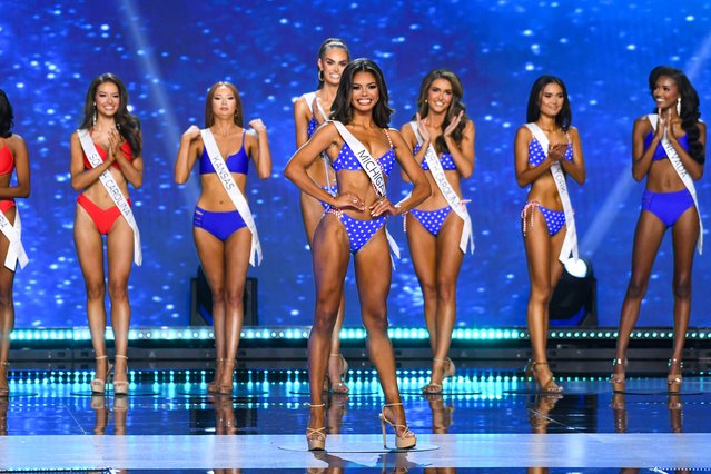 (L-R) Gracen Grainger, Miss South Carolina USA, Bella Whitlock, Miss Kansas USA, Christell Foote, Miss Tennessee USA, Alma Cooper, Miss Michigan USA, Kenzie Halsey, Miss North Carolina USA, Marizza Delgado, Miss New York USA and Najah Ali, Miss Nevada USA walk onstage during the 73rd annual Miss USA Pageant at Peacock Theater on August 04, 2024 in Los Angeles, California. (Photo by Alberto E. Rodriguez/Getty Images)