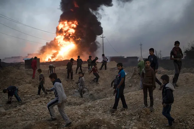Children play next to a burning oil field in Qayara, south of Mosul, Iraq, Thursday, November 3, 2016. A senior military commander says more than 5,000 civilians have been evacuated from newly-retaken eastern parts of the Islamic State group-held city of Mosul and taken to camps. (Photo by Felipe Dana/AP Photo)