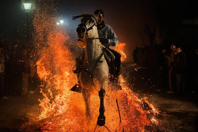 A man rides a horse through a bonfire as part of a ritual in honor of Saint Anthony the Abbot, the patron saint of domestic animals, in San Bartolome de Pinares, about 100 kilometers (62 miles) west of Madrid, Spain on Friday, January 16, 2015. (Photo by Andres Kudacki/AP Photo)