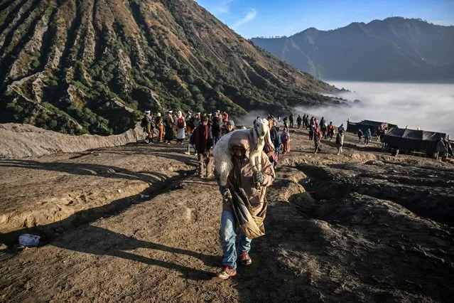 Members of the Tengger sub-ethnic group carries a goat for offering on the active Mount Bromo volcano as part of the Yadnya Kasada festival in Probolinggo, East Java province on June 5, 2023. (Photo by Juni Kriswanto/AFP Photo)