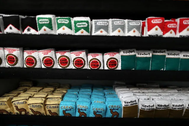 Cigarette packets made from felt in a art installation supermarket in which everything is made of felt, in Los Angeles, California on July 31, 2018. (Photo by Lucy Nicholson/Reuters)