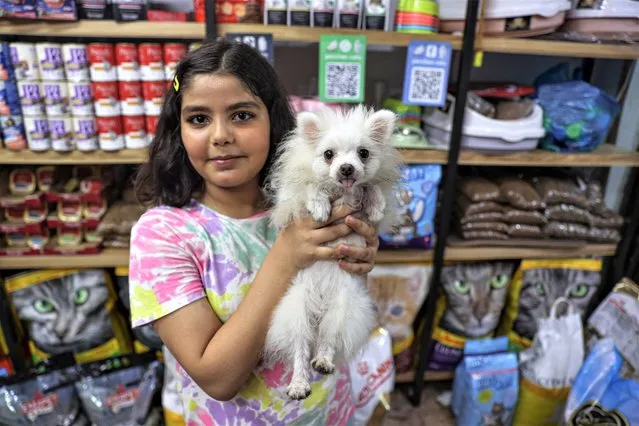 Palestinian Hani Miqdad takes pictures of his daughter Mais with the dog they were buying from a pet shop in Gaza city on July 18, 2023. (Photo by Majd Mahmoud/The National)