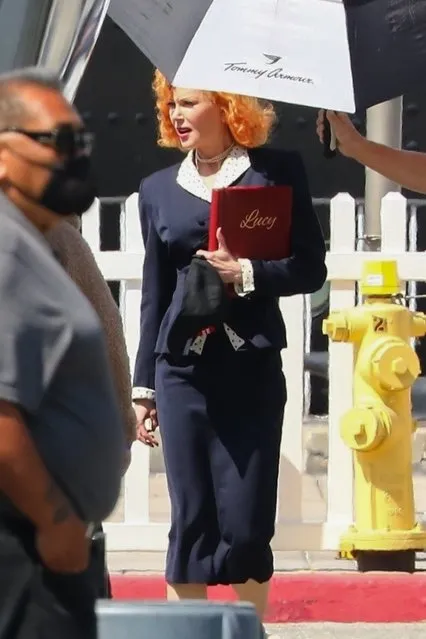 Actress Nicole Kidman returns to her trailer as she wraps up filming scenes as Lucy for “Being the Ricardos” in Long Beach, CA. on May19, 2021. (Photo by Backgrid USA)