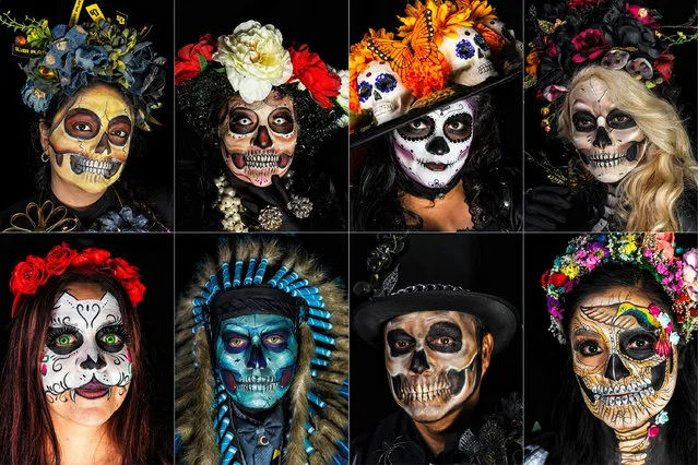This combination of pictures created on October 21, 2018 shows (L to R top) Arlette Ortiz, Jessica Esquivias, Alejandria Copado and Jossy Javier and (L to R bottom) Victoria Garcia, Donovan Sanchez, Jimmy Roman and Monica Molina disguised as “Catrina” (Mexican representation of death) before the March of Catrinas in Mexico City on October 21, 2018. Mexicans get ready to celebrate the Day of the Dead highlighting the character of La Catrina which was created by cartoonist Jose Guadalupe Posada, famous for his drawings of typical local, folkloric scenes, socio-political criticism and for his illustrations of “skeletons” or skulls, including La Catrina. (Photo by Omar Torres/AFP Photo)