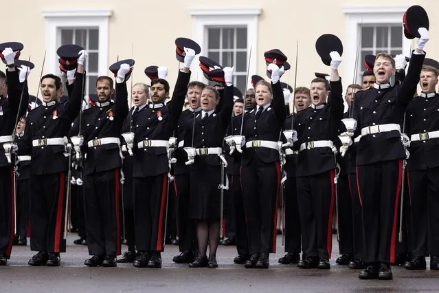 Cadets give three cheers as King Charles III inspects the 200th Sovereign's parade at Royal Military Academy Sandhurst on April 14, 2023 in Camberley, England. The parade marks the end of 44 weeks of training for 171 Officer Cadets. It is the first time King Charles III has inspected Sovereign's Parade at Sandhurst since becoming Monarch. (Photo by Dan Kitwood/Getty Images)