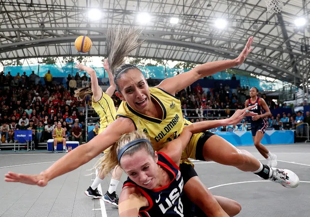 Colombia's Jenifer Munoz in action with Lexie Hull of the U.S. during the women's team gold medal match at the Pan Am Games in Santiago, Chile on October 23, 2023. (Photo by Ivan Alvarado/Reuters)