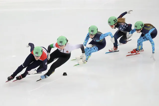 Angel Daleman of the Netherlands, Diana Laura Vegi of Hungary, Eliza Rhodehamel of the United States, Polina Omelchuk of Kazakhstan and Anastassiya Astrakhantseva of Kazakhstan compete in the Women 500m Quarterfinals during a day three of the Winter Youth Olympic Games at Gangneung Ice Arena on January 22, 2024 in Gangneung, South Korea. (Photo by Chung Sung-Jun/Getty Images)