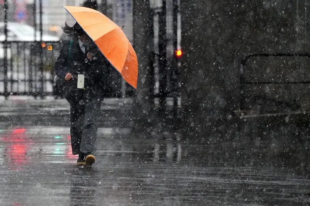 A person walks at a street in the snow Monday, February 5, 2024. (Photo by Eugene Hoshiko/AP Photo)