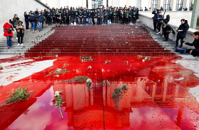 Members of the action group Extinction Rebellion (XR) gather after spilling fake blood on the steps of the Trocadero esplanade during a demonstration to alert on the state of decline of biodiversity, on May 12, 2019 in Paris. Extinction Rebellion (XR) is an international movement that uses non-violent civil disobedience to achieve radical change in order to minimise the risk of human extinction and ecological collapse. (Photo by Francois Guillot/AFP Photo)