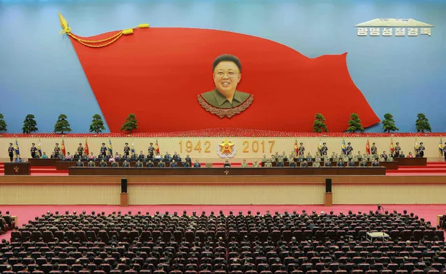 A photograph released by the North Korean Central News Agency (KCNA) on 16 February 2017 shows North Korean leader Kim Jong-un (C) during a national meeting to celebrate the 75th birth anniversary of late leader Kim Jong Il, known as the Day of the Shining Star, to pay tribute to him, in Pyongyang, North Korea, 15 February 2017. (Photo by EPA/KCNA)