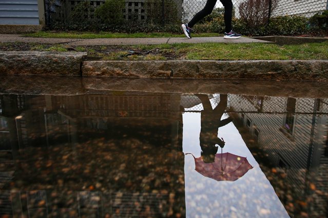 A woman is reflected on a puddle on the side of the road as she makes her way up Union Street in New Bedford on a rainy day on April 3, 2024.(Photo by Peter Pereira/The Standard-Times via USA TODAY Network)