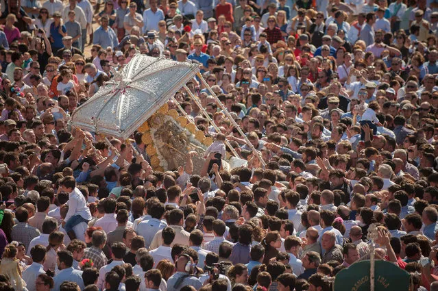 Pilgrims gather around an statue of the virgin Mary as it is carried during a procession in the village of El Rocio, southern Spain on May 16, 2016. El Rocio pilgrimage, the largest in Spain, gathers hundreds of thousands of devotees in traditional outfits converging in a burst of colour as they make their way on horseback and onboard decorated carriages across the Andalusian countryside. (Photo by Jorge Guerrero/AFP Photo)