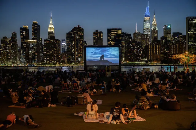 People sit in a public park as they watch an outdoor screening of the Lion King before the Manhattan skyline in the Long Island City, New York on July 31, 2021. (Photo by Ed Jones/AFP Photo)