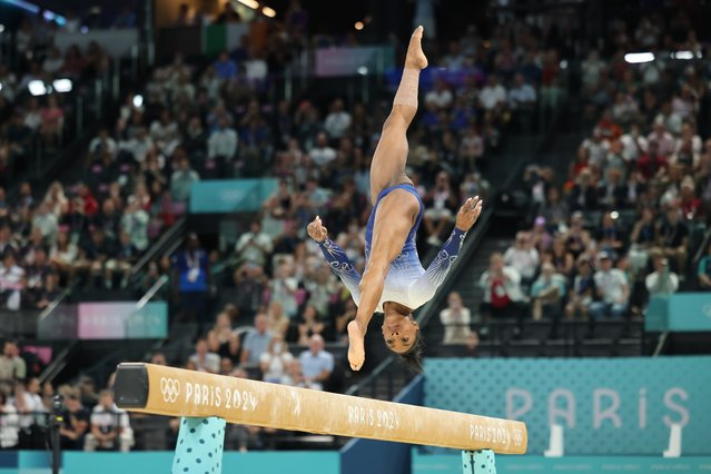 Simone Biles of Team United States competes during the Artistic Gymnastics Women's Balance Beam Final on day ten of the Olympic Games Paris 2024 at Bercy Arena on August 05, 2024 in Paris, France. A fall meant that she finished without a medal, but she claimed silver in the floor competition. (Photo by Jack Hill/The Times)