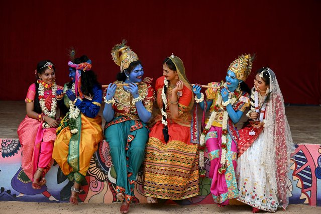 College students dress in the guise of Hindu deities Krishna and Radha, ahead of Janmashtami festival, in Chennai on August 23, 2024. (Photo by R.Satish Babu/AFP Photo)