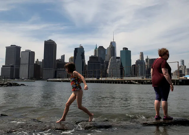 A young girl runs on the rocks under the skyline of lower Manhattan in Brooklyn Bridge Park in the Brooklyn borough of New York City, U.S., May 29, 2016. (Photo by Brendan McDermid/Reuters)