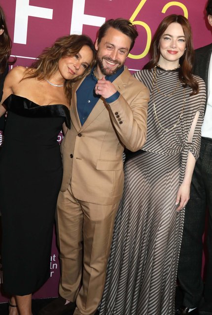 Actors Jennifer Grey, Kieran Culkin and producer Emma Stone at the premiere of A Real Pain, a comedy drama, at the New York Film Festival at Lincoln Center on October 5, 2024. (Photo by Nancy Kaszerman/ZUMA Press Wire/Rex Features/Shutterstock)