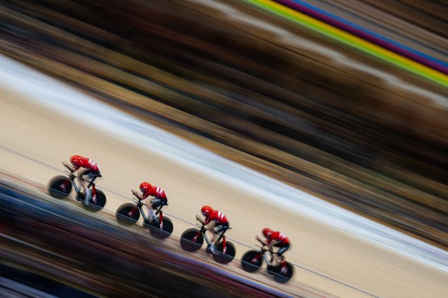 Cyclists of team Denmark compete during the men's team pursuit qualifying of the UCI Track Cycling World Championships in Ballerup, Denmark, on October 16, 2024. (Photo by Jonathan Nackstrand/AFP Photo)