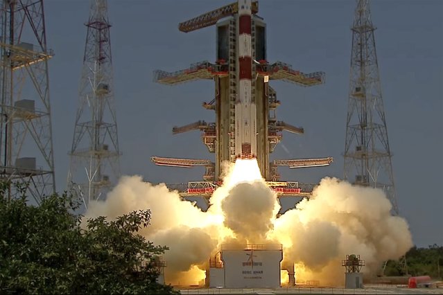 The screengrab from Indian Space Research Organisation (ISRO) Youtube channel shows the Aditya-L1 spacecraft lifts off on board a satellite launch vehicle from the space center in Sriharikota, India, Saturday, September 2, 2023. (Photo by Indian Space Research Organisation via AP Photo)